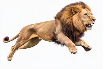 A majestic lion captured mid-leap, its muscles and mane highlighted against a white background