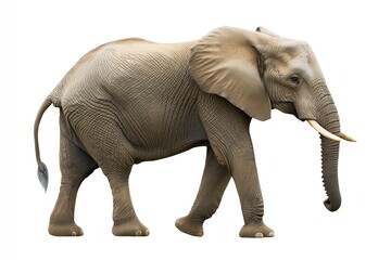 Fototapeta premium A large African elephant walking forward, its wrinkled skin and tusks clearly visible