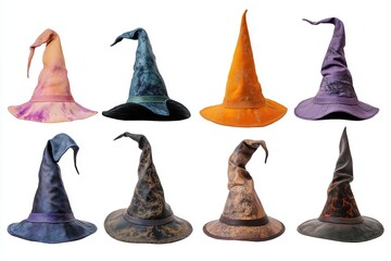 A collection of eight colorful witch hats with different textures and designs displayed on a white background