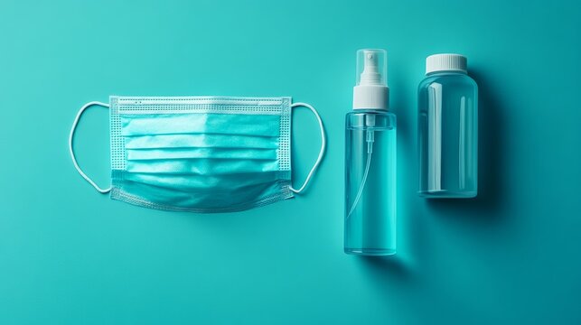 Protective face mask and sanitizing spray placed on a turquoise background for health safety measures during pandemic times
