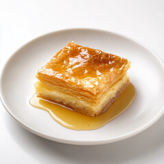 Delicious layered dessert with honey drizzle on a white plate  