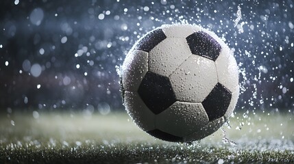Fototapeta premium Soccer ball mid-kick with splashing water droplets, capturing dynamic energy and motion