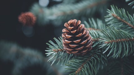 Frosted pine cone on a fir branch against a dark blurred background with soft light