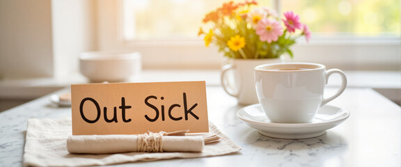 Cozy 'Out Sick' card on kitchen counter with tea and flowers, comfort