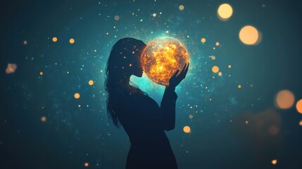 Silhouette of a Woman Holding a Bright Celestial Sphere Against a Dreamy Abstract Background of Colorful Glowing Lights and Space Elements