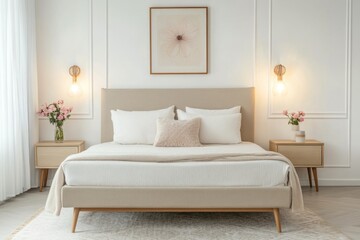 A clean and modern bedroom interior with soft neutral colors