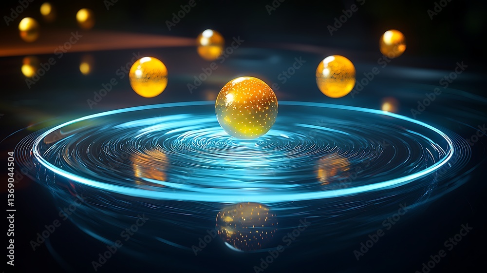 Poster abstract representation of atomic structure. circular orbit of glowing sphere surrounded by smaller 