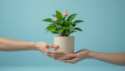 Hands Passing a Potted Green Plant – Concept of Growth, Giving, and Sustainability