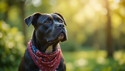 Black Dog Pitbull Wearing Red Bandana in a Sunlit Park &ndash; Loyal Pet in Nature