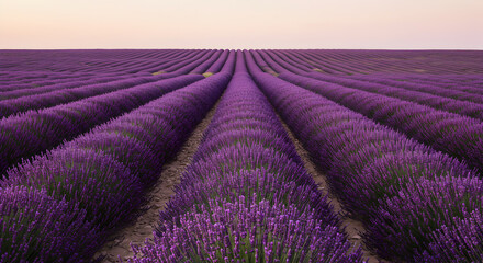 Fototapeta premium Endless purple horizon: Serene lavender field stretching towards a gradient sky