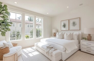Elegant bedroom interior with bright windows and a cozy white bed