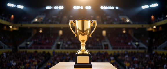 Shiny gold weightlifting trophy illuminated on stage, athletic achievement