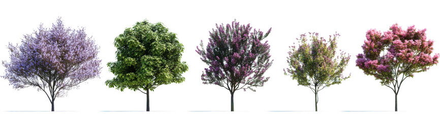 Set of Magnolia liliiflora and Prunus persica (The peach) blossoming frontal street trees isolated png on a transparent background perfectly cutout
