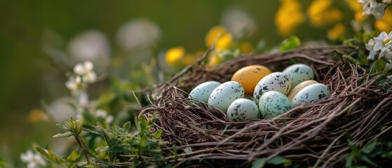 Obraz premium Colorful eggs nestled in a rustic bird nest