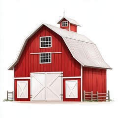 Traditional red barn architecture with white details on White background clipart