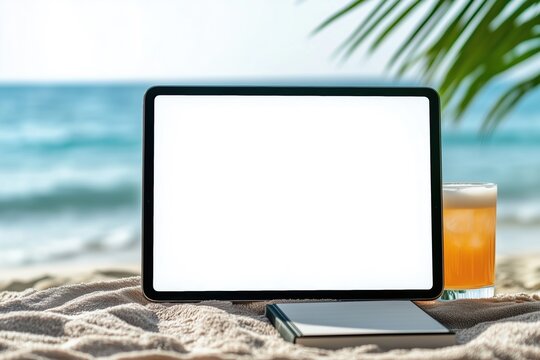 A blank tablet iPad mockup on a sandy beach with a notebook and a refreshing drink beside it, with the ocean in the background.