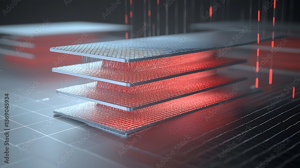 Poster advanced layered technological structure. complex interconnected system of stacked metallic plates, 