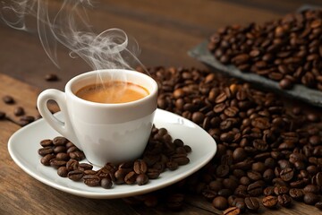 Fototapeta premium Aromatic Espresso Coffee in a White Cup Surrounded by Roasted Coffee Beans on a Wooden Table