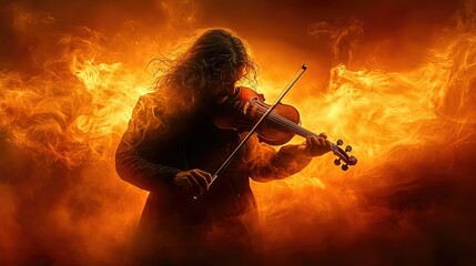 Fototapeta premium Fiery Violinist: A passionate musician plays his violin amidst a fiery inferno, symbolizing the intensity of his performance and the power of music.