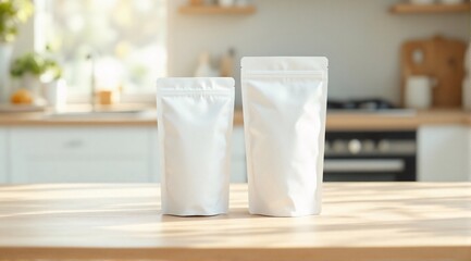 Two empty white kraft bags are placed on a table, with soft light enhancing their natural texture. Perfect for branding mockup or marketing