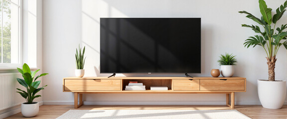 Stylish flat-screen television display in contemporary apartment, modern living