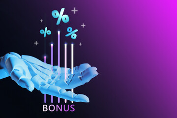 Bonus. Plus and percent signs flying out of robot hand on violet gradient background