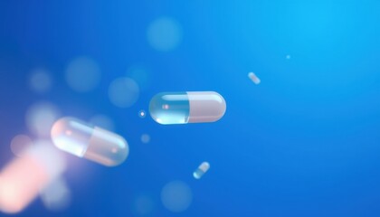 Transparent White Capsules on Vibrant Blue Background, Pharmaceutical Concept, Modern Medicine Template
