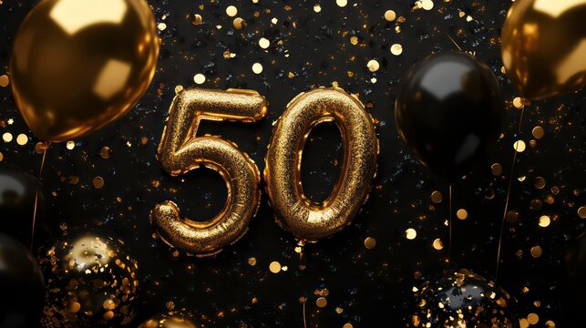 Golden balloons in shape of number 50 surrounded by black balloons, golden confetti. Black, golden decorations for fiftieth birthday golden wedding anniversary celebration. Festive event design.