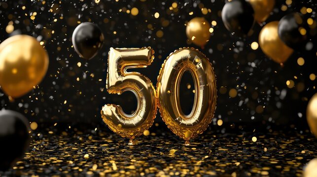 Golden balloons in shape of number 50 surrounded by black balloons, golden confetti. Black, golden decorations for fiftieth birthday golden wedding anniversary celebration. Festive event design.