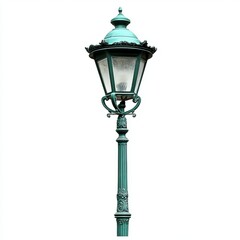 Vintage style green street lamp post isolated on white background