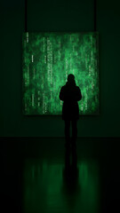 Obraz premium A painting transforms into live malware, its code-infused brushstrokes hacking nearby systems. Neon cracks pulse with malicious intent.