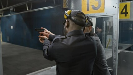 Medium rear arc of Caucasian male shooting range coach conducting training for black police cadet, explaining proper grip and aim, pointing at target, watching and correcting mistakes