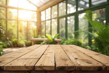Rustic Wooden Table in a Sunlit Greenhouse with Lush Greenery