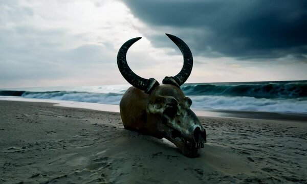 Skull with ram horns on the beach