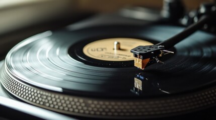 Close-up of a vinyl record playing on a turntable, warm and inviting.