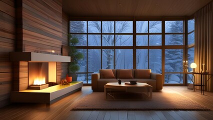 Fototapeta premium Luxurious Cabin Interior with Panoramic Winter Forest interior rendering. winter scenery Modern wooden cabin living room with floor-to-ceiling windows overlooking snow-covered pine forest. Minimalist 