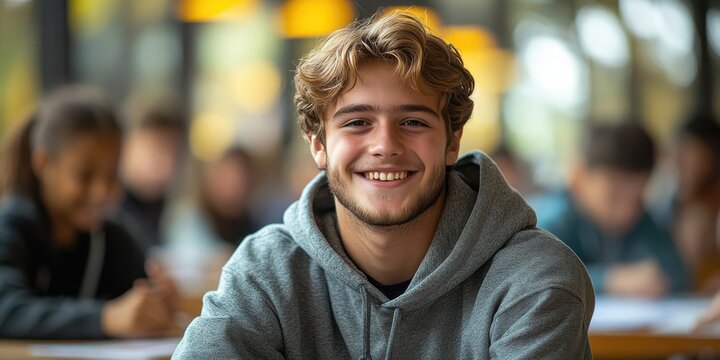 A young man is smiling and wearing a gray hoodie