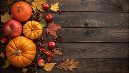 Autumn Harvest Still Life with Pumpkins Apples and Fall Leaves on Rustic Wooden Background Thanksgiving Decoration