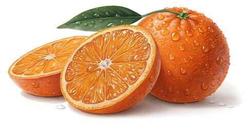 Juicy Orange Slices and Whole Orange with Water Droplets and Green Leaf