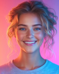 smiling woman with a short casual haircut, wearing a simple t-shirt