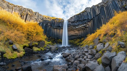 Iceland's Svartifoss waterfall, basalt columns, autumn colors in a rugged landscape.