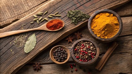 Aromatic Spices and Herbs on Rustic Wooden Background Culinary Photography