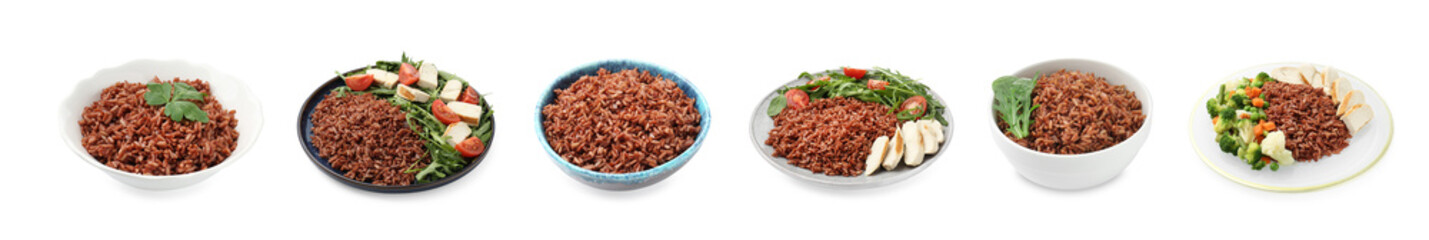 Tasty brown rice isolated on white, set