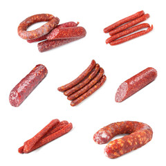 Tasty smoked sausages on white background, collage