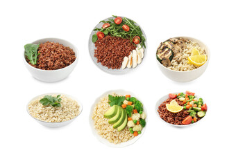Tasty brown rice isolated on white, collage