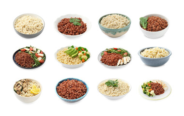 Tasty brown rice isolated on white, set