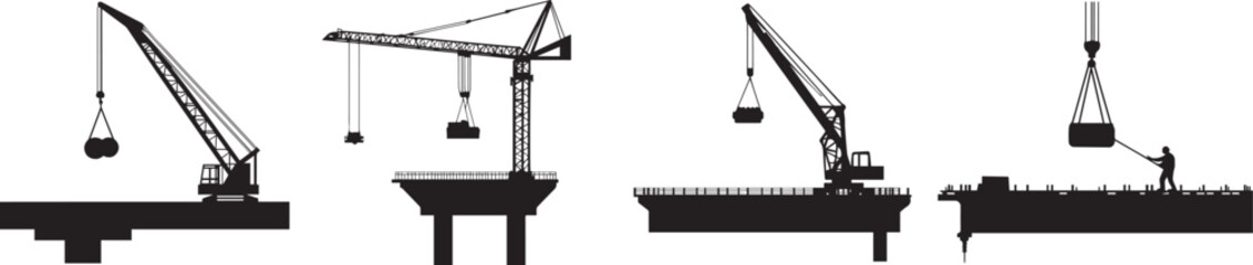 Silhouette of a crane lifting materials onto a bridge under repair vector silhouette