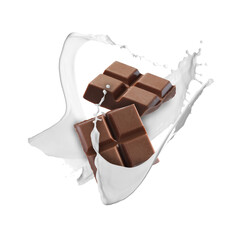 Yummy chocolate pieces and splashes of milk in air on white background