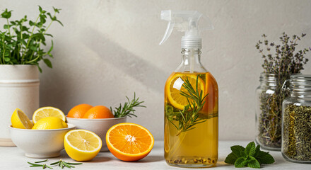 A refreshing homemade citrus and herb cleaner, a vibrant blend of oranges, lemons, rosemary, and mint, bottled in a clear glass spray bottle bathed in soft, natural light.