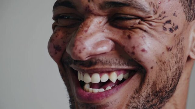 Close up portrait of a joyful young adult man with vitiligo skin patches, smiling and laughing, expressing happiness and self acceptance while looking at camera